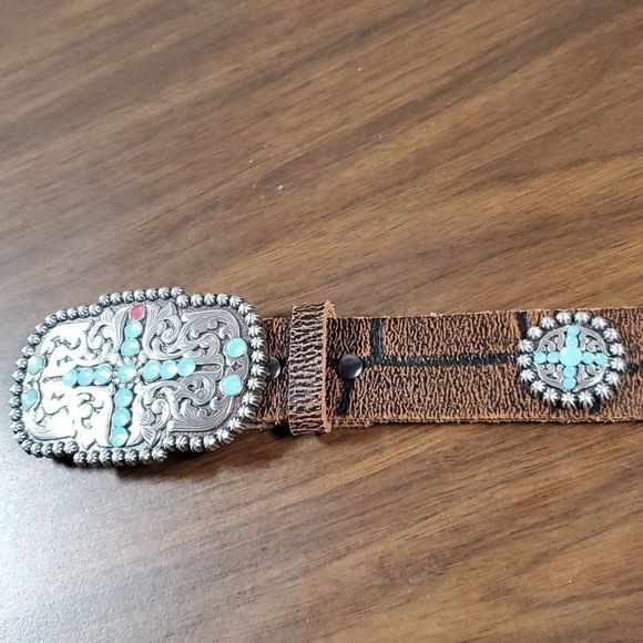 Ariat Blue Sunday Vintage Brown Croc Print Belt‎ Blue Swarovski Crystals Small - Picture 2 of 9